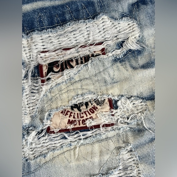 INSANE Y2K Affliction Black Premium BLAKE 34 Long Patch Distressed Jeans AC/DC - Picture 3 of 16